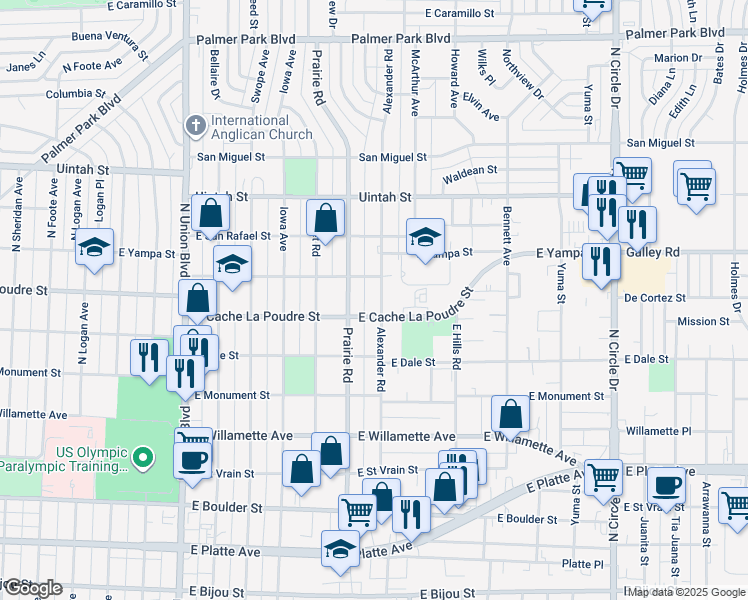 map of restaurants, bars, coffee shops, grocery stores, and more near 915 Alexander Road in Colorado Springs