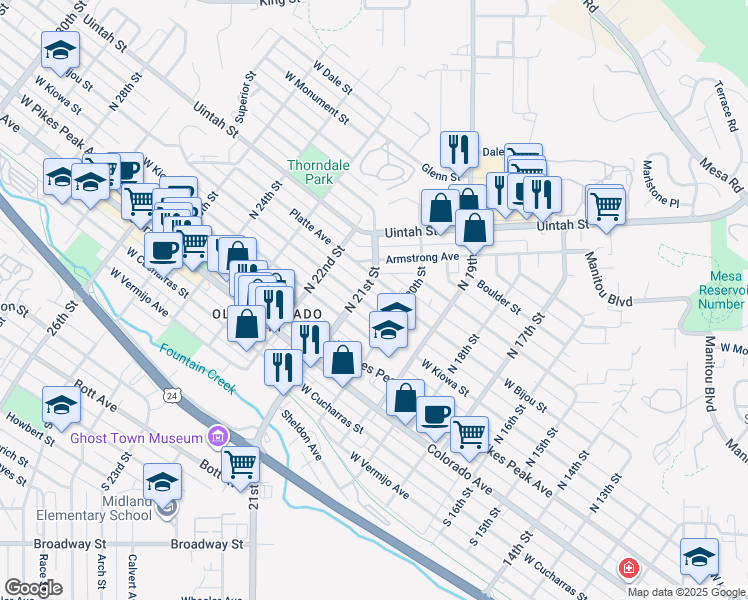 map of restaurants, bars, coffee shops, grocery stores, and more near 2028 West Bijou Street in Colorado Springs