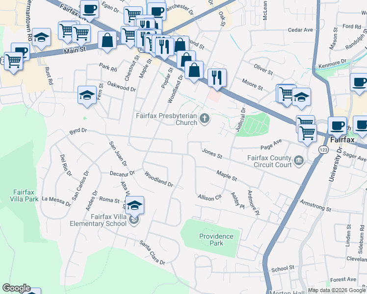 map of restaurants, bars, coffee shops, grocery stores, and more near 4114 Lamarre Drive in Fairfax