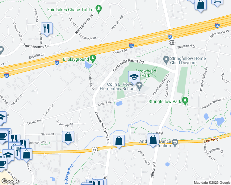 map of restaurants, bars, coffee shops, grocery stores, and more near 5237 Jule Star Drive in Centreville