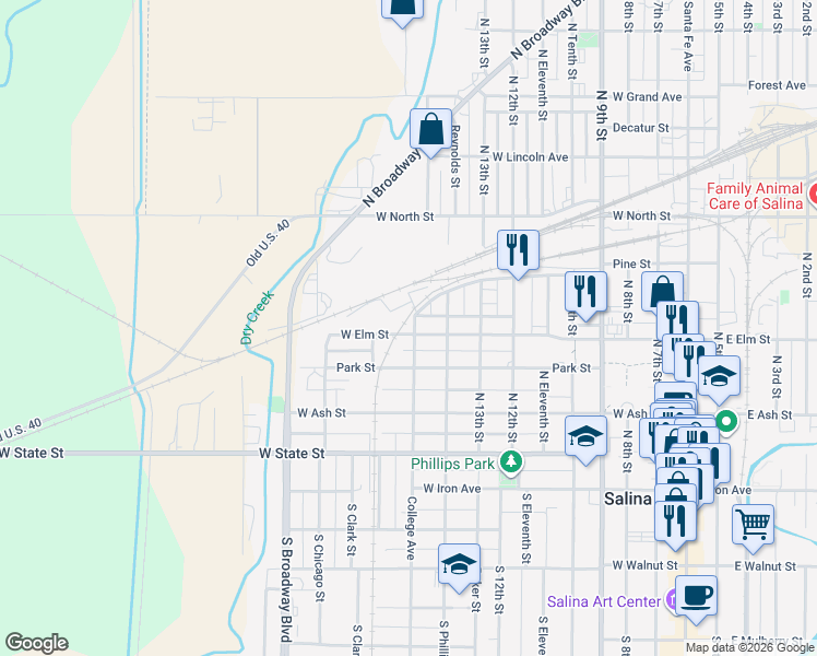 map of restaurants, bars, coffee shops, grocery stores, and more near 1000 West Elm Street in Salina