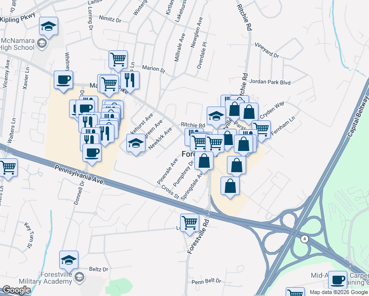 map of restaurants, bars, coffee shops, grocery stores, and more near 7521 Marlboro Pike in District Heights