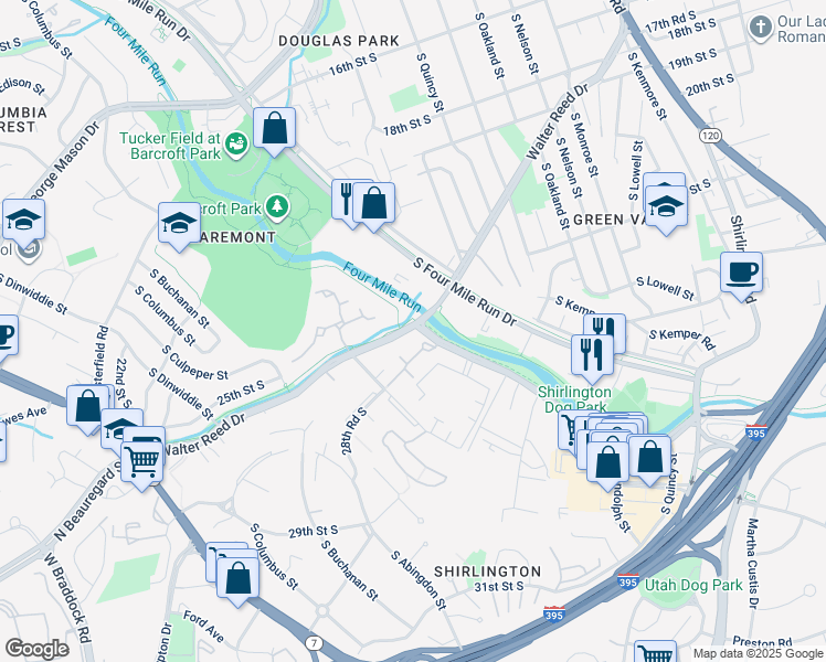 map of restaurants, bars, coffee shops, grocery stores, and more near 2409 South Walter Reed Drive in Arlington