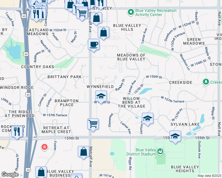 map of restaurants, bars, coffee shops, grocery stores, and more near 15712 Barkley Street in Overland Park