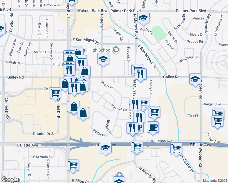 map of restaurants, bars, coffee shops, grocery stores, and more near 814 Potter Drive in Colorado Springs