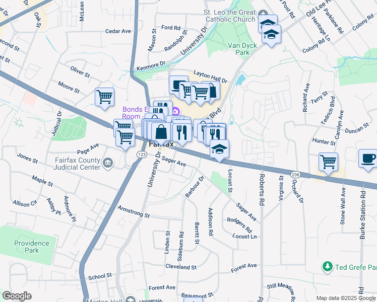 map of restaurants, bars, coffee shops, grocery stores, and more near 10324-10340 Main Street in Fairfax