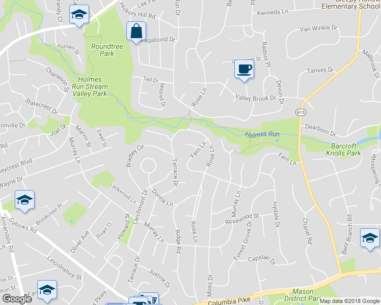 map of restaurants, bars, coffee shops, grocery stores, and more near 6921 Fern Lane in Annandale