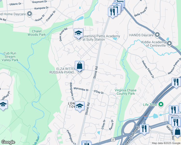 map of restaurants, bars, coffee shops, grocery stores, and more near 14712 Basingstoke Loop in Centreville