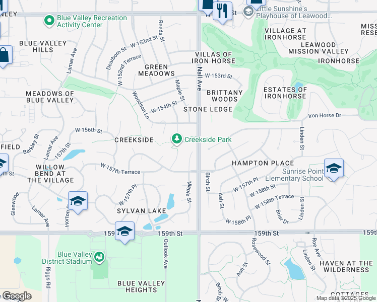 map of restaurants, bars, coffee shops, grocery stores, and more near 15602 Maple Street in Overland Park