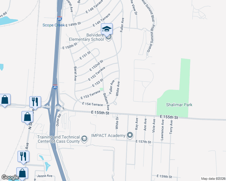 map of restaurants, bars, coffee shops, grocery stores, and more near 15327 Fuller Ave in Grandview