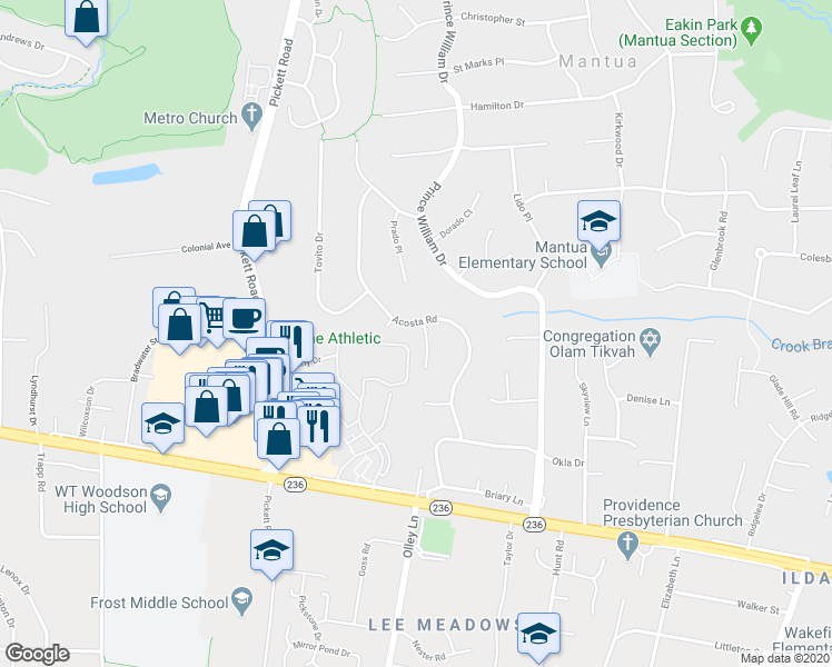 map of restaurants, bars, coffee shops, grocery stores, and more near 3800 Lynn Regis Court in Fairfax