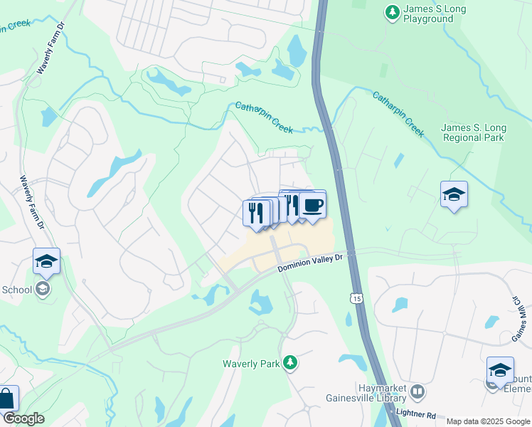 map of restaurants, bars, coffee shops, grocery stores, and more near 5489 Rodriquez Lane in Haymarket