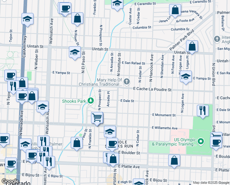 map of restaurants, bars, coffee shops, grocery stores, and more near 824 N Institute St in Colorado Springs