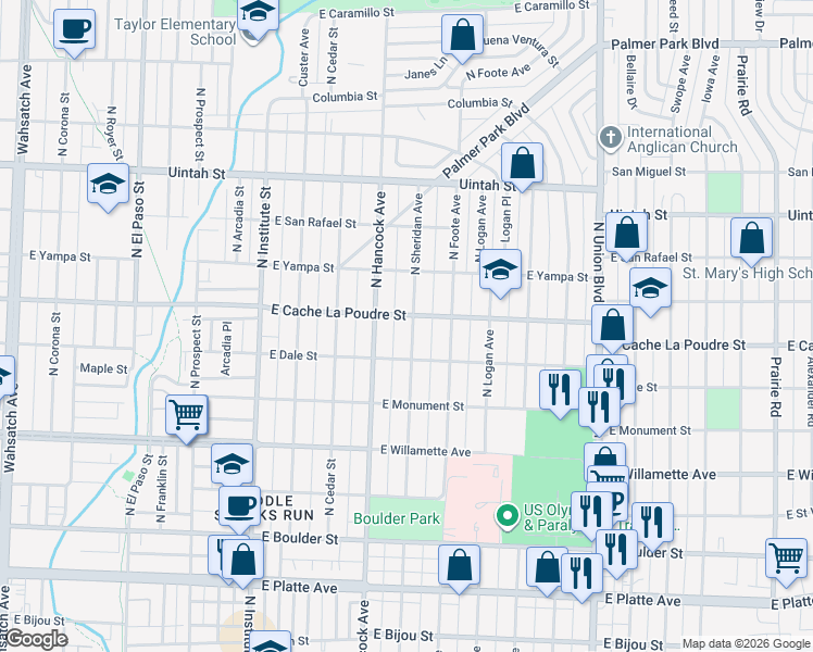map of restaurants, bars, coffee shops, grocery stores, and more near 828 North Sheridan Avenue in Colorado Springs