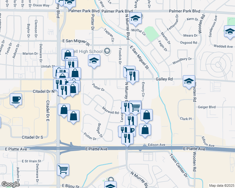 map of restaurants, bars, coffee shops, grocery stores, and more near 904 North Murray Boulevard in Colorado Springs