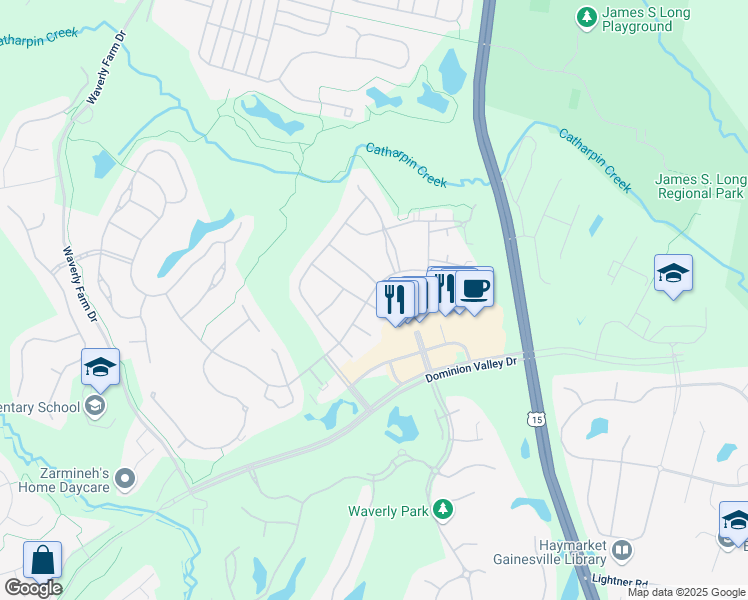 map of restaurants, bars, coffee shops, grocery stores, and more near 5455 Rodriquez Lane in Haymarket