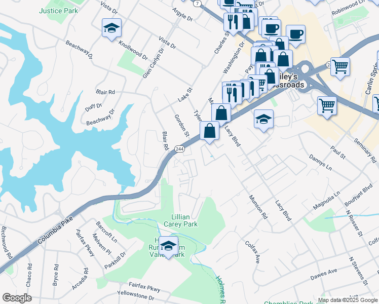map of restaurants, bars, coffee shops, grocery stores, and more near 3601 Firehouse Lane in Falls Church