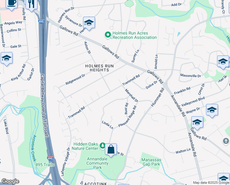 map of restaurants, bars, coffee shops, grocery stores, and more near 7705 Trammell Road in Annandale