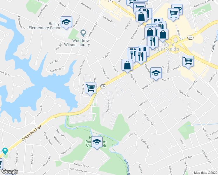 map of restaurants, bars, coffee shops, grocery stores, and more near 3601 Firehouse Lane in Falls Church
