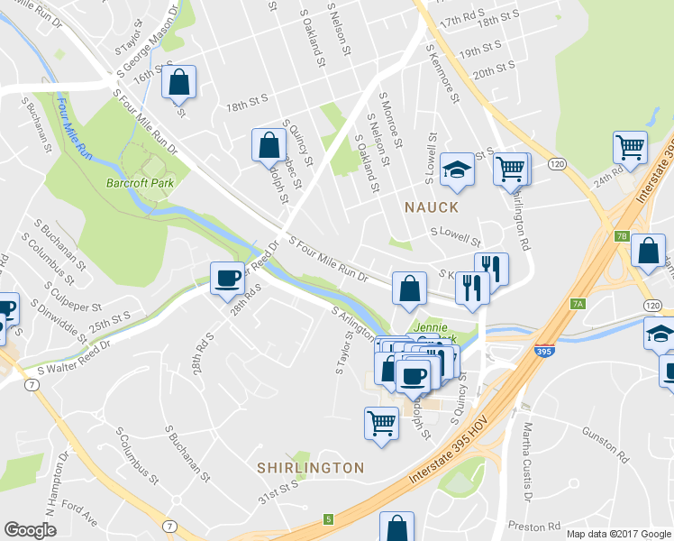 map of restaurants, bars, coffee shops, grocery stores, and more near 3850 South Four Mile Run Drive in Arlington