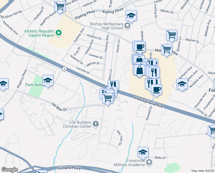 map of restaurants, bars, coffee shops, grocery stores, and more near Pennsylvania Ave & Walters Ln in Forestville