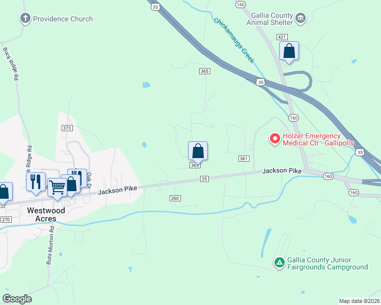 map of restaurants, bars, coffee shops, grocery stores, and more near 107 Colonial Drive in Gallipolis