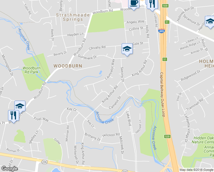 map of restaurants, bars, coffee shops, grocery stores, and more near 8205 Galahad Court in Annandale