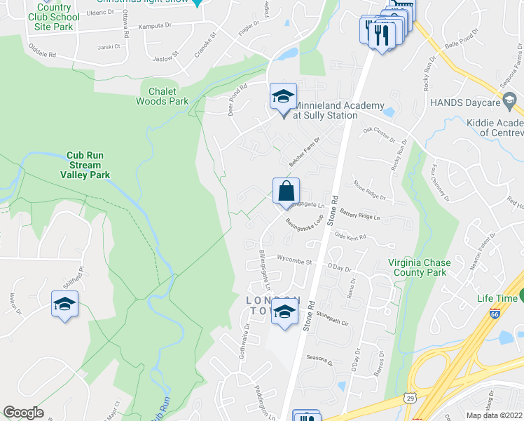 map of restaurants, bars, coffee shops, grocery stores, and more near 14816 Lynhodge Court in Centreville