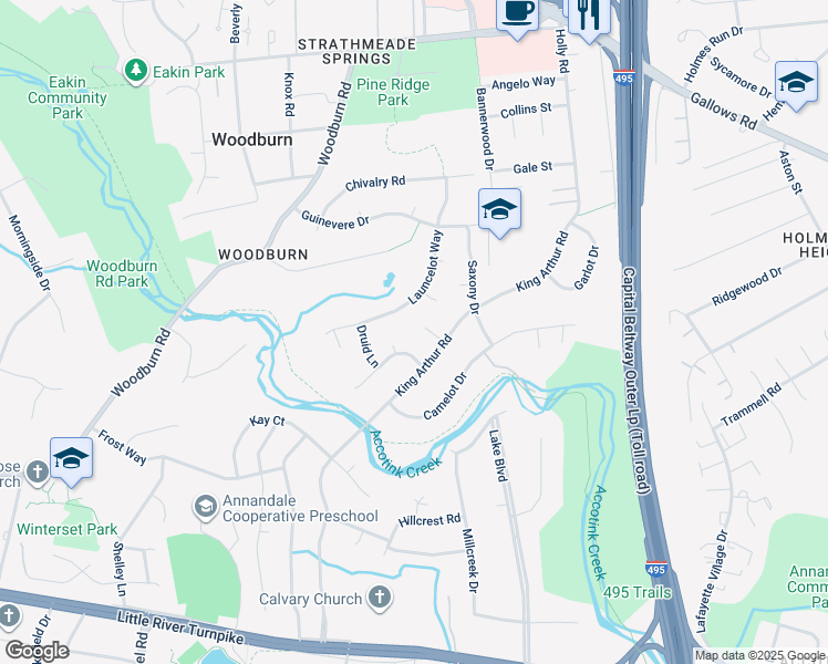 map of restaurants, bars, coffee shops, grocery stores, and more near 8205 Galahad Court in Annandale