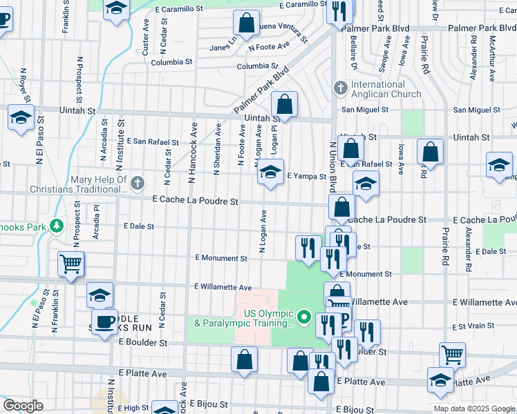map of restaurants, bars, coffee shops, grocery stores, and more near 830 North Logan Avenue in Colorado Springs