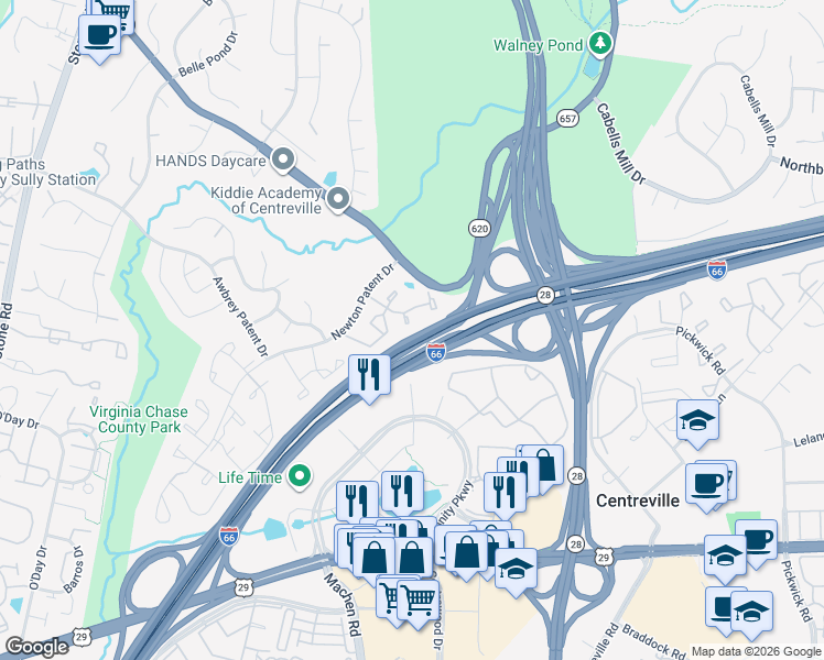 map of restaurants, bars, coffee shops, grocery stores, and more near 5674 Cabells Mill Court in Centreville