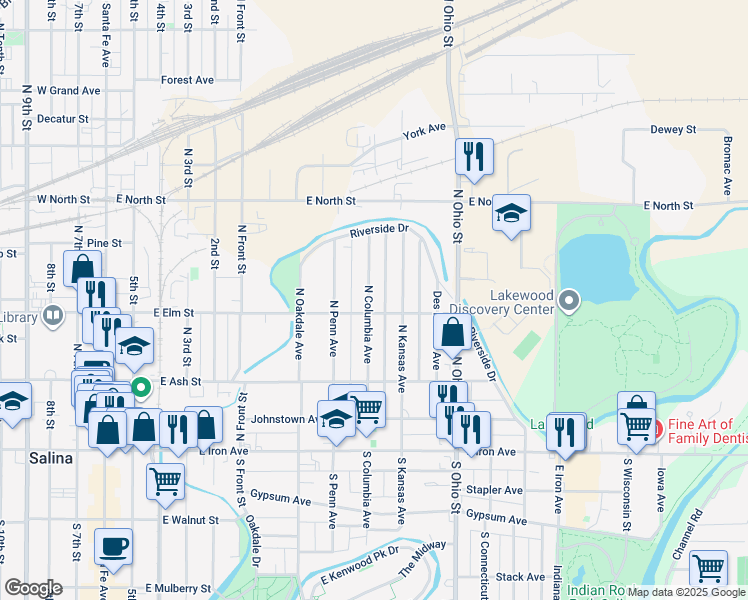 map of restaurants, bars, coffee shops, grocery stores, and more near 304 North Columbia Avenue in Salina