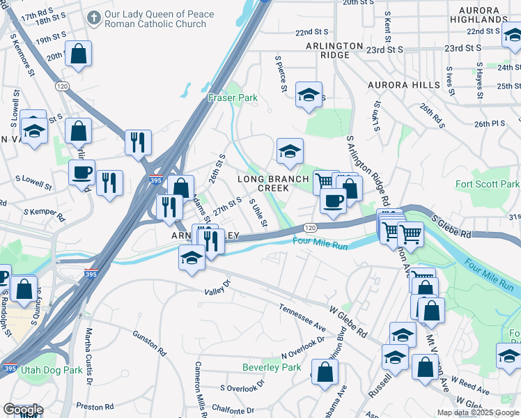 map of restaurants, bars, coffee shops, grocery stores, and more near 2725 South Uhle Street in Arlington