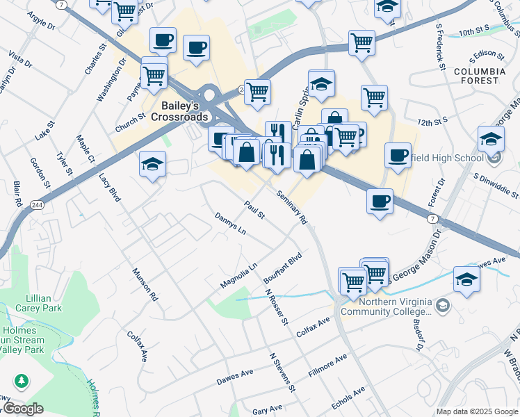 map of restaurants, bars, coffee shops, grocery stores, and more near 3603 Paul Street in Alexandria