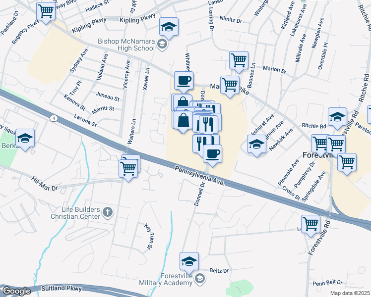 map of restaurants, bars, coffee shops, grocery stores, and more near in Forestville