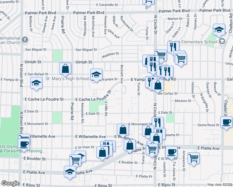 map of restaurants, bars, coffee shops, grocery stores, and more near 2524 Knob Hill Court in Colorado Springs