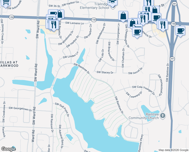 map of restaurants, bars, coffee shops, grocery stores, and more near 514 Southwest Raintree Drive in Lee's Summit