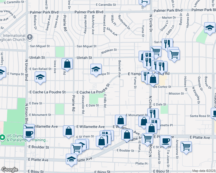 map of restaurants, bars, coffee shops, grocery stores, and more near 2537 East Cache La Poudre Street in Colorado Springs