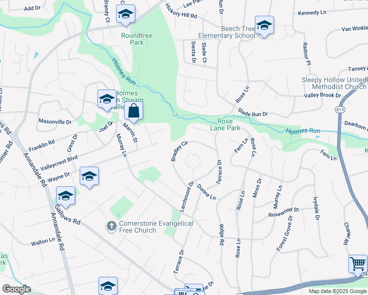 map of restaurants, bars, coffee shops, grocery stores, and more near 7021 Bradley Circle in Annandale
