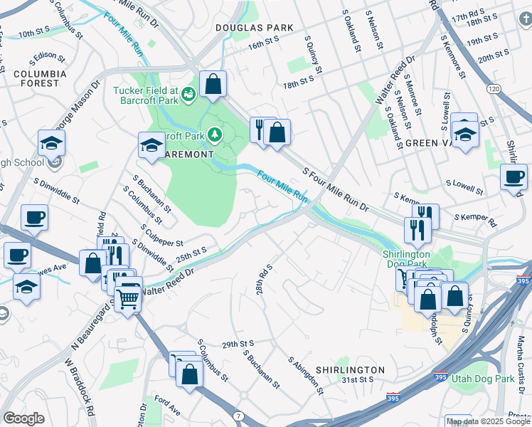map of restaurants, bars, coffee shops, grocery stores, and more near 2412 South Walter Reed Drive in Arlington