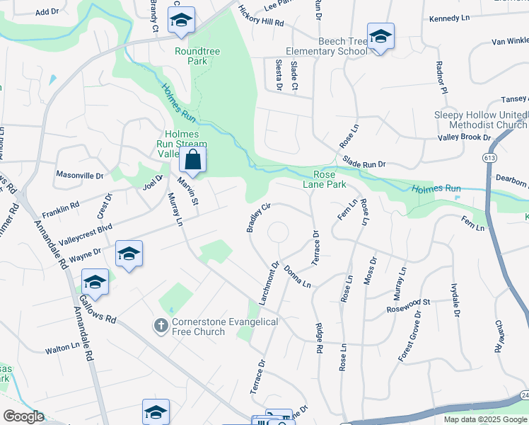 map of restaurants, bars, coffee shops, grocery stores, and more near 7021 Bradley Circle in Annandale