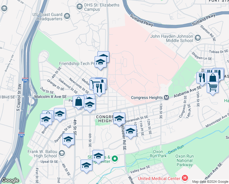 map of restaurants, bars, coffee shops, grocery stores, and more near 2915 8th Street Southeast in Washington