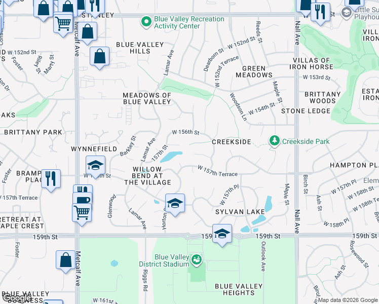 map of restaurants, bars, coffee shops, grocery stores, and more near 6116 157th Street in Overland Park