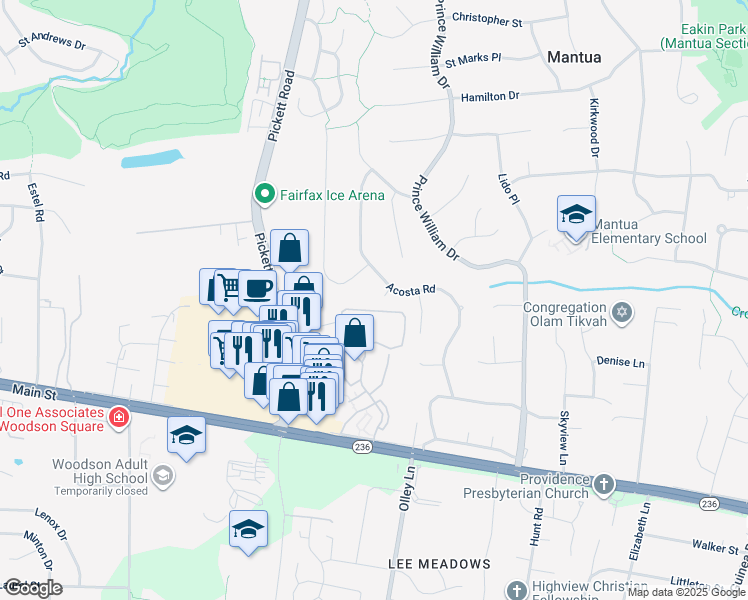 map of restaurants, bars, coffee shops, grocery stores, and more near 3802 Latrobe Court in Fairfax