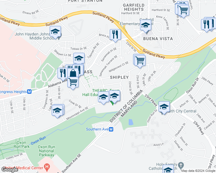 map of restaurants, bars, coffee shops, grocery stores, and more near 1909 Tremont Street Southeast in Washington