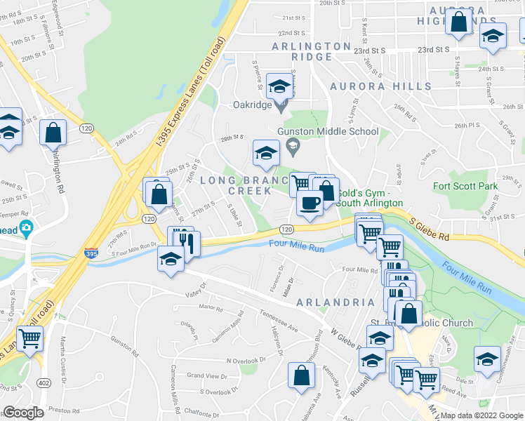 map of restaurants, bars, coffee shops, grocery stores, and more near 1356 28th Street South in Arlington