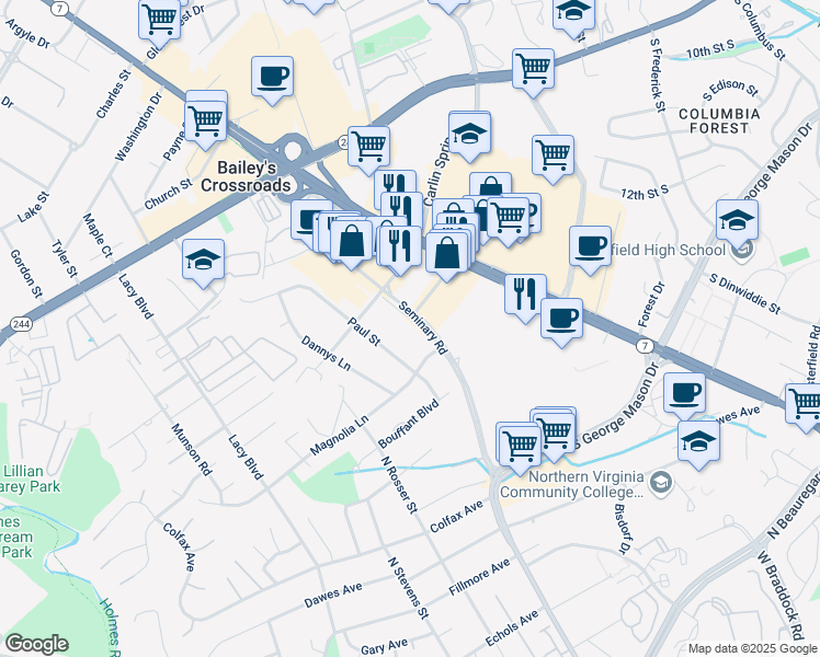 map of restaurants, bars, coffee shops, grocery stores, and more near 5714 Seminary Road in Falls Church