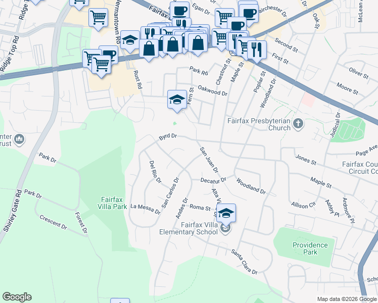 map of restaurants, bars, coffee shops, grocery stores, and more near 11009 Del Mar Court in Fairfax