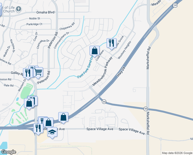 map of restaurants, bars, coffee shops, grocery stores, and more near 7351 Preble Dr in Colorado Springs