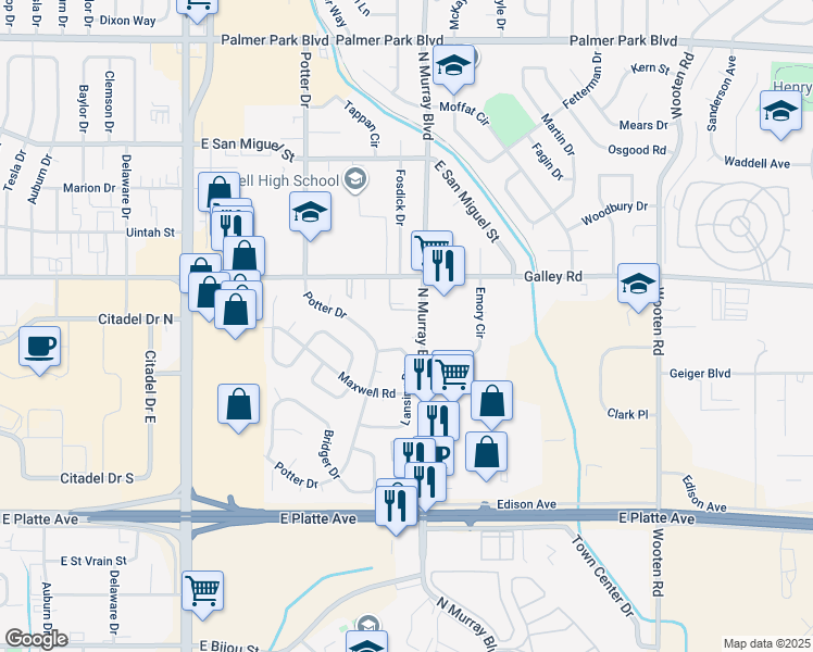 map of restaurants, bars, coffee shops, grocery stores, and more near 918 North Murray Boulevard in Colorado Springs